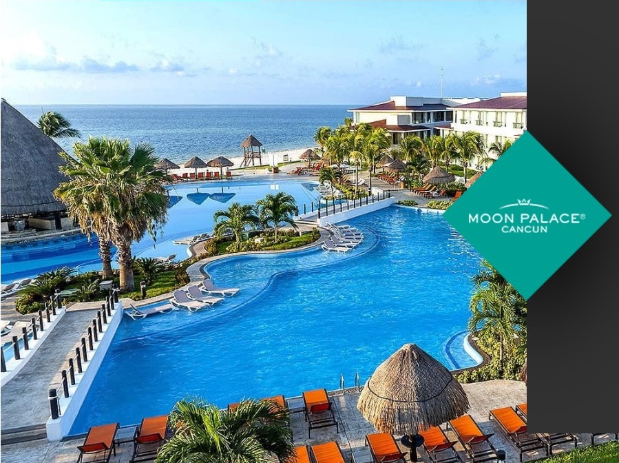 View of pools and ocean at Moon Palace Resort in Cancun Mexico